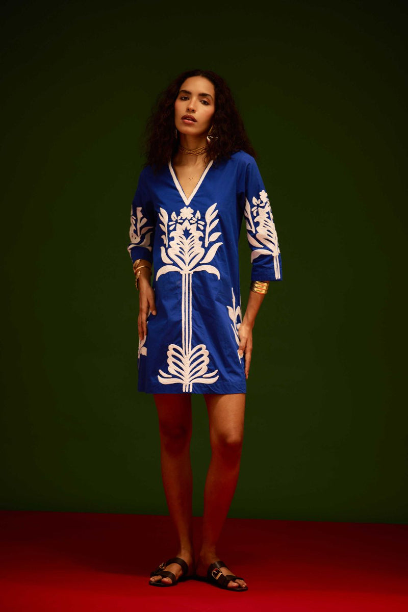 Blue Cotton Shift Dress With Ivory Tulip Thread Embroidery poplin by Indian Summer Story in blue color for women Worldwide