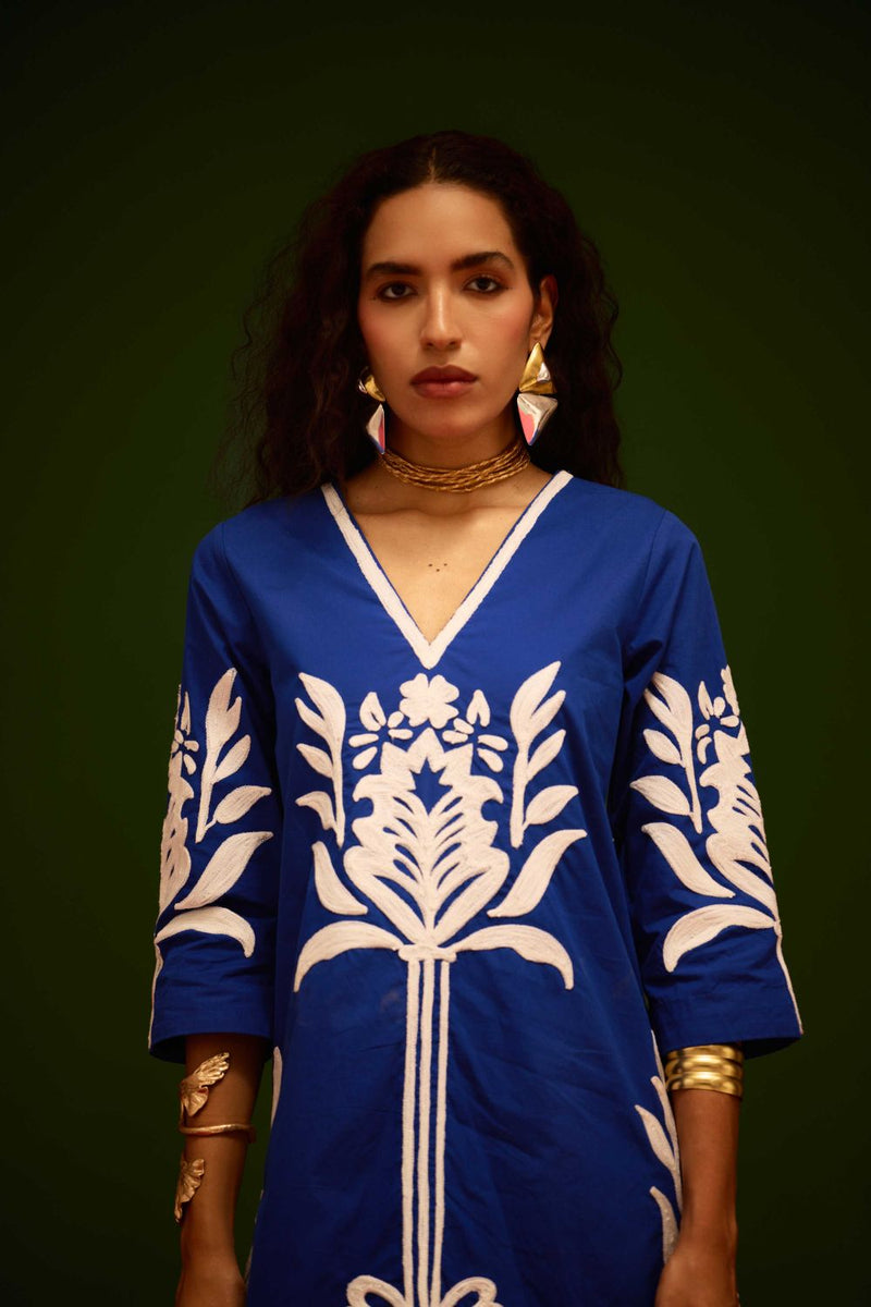 Blue Cotton Shift Dress With Ivory Tulip Thread Embroidery poplin by Indian Summer Story in blue color for women Worldwide