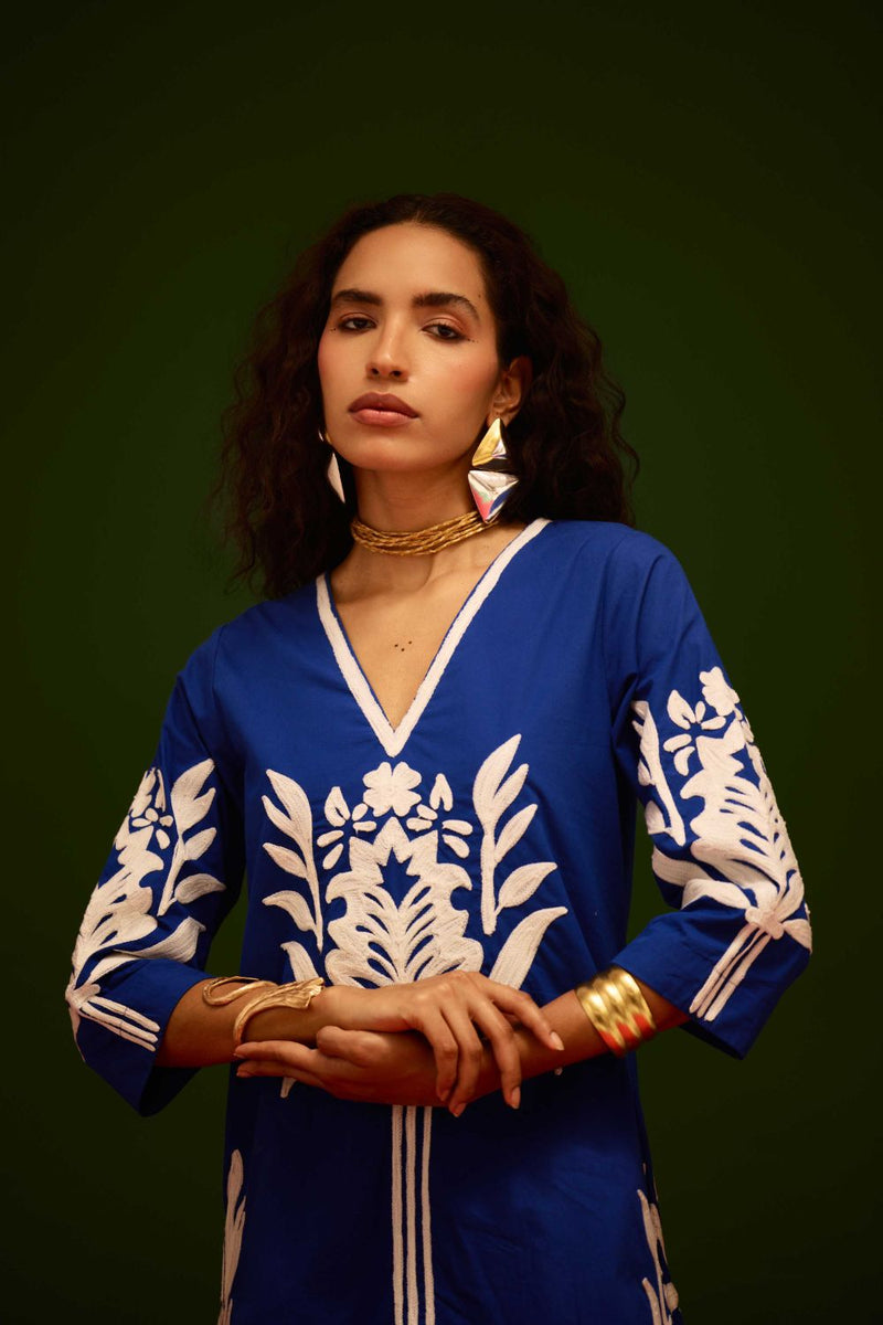 Blue Cotton Shift Dress With Ivory Tulip Thread Embroidery poplin by Indian Summer Story in blue color for women Worldwide