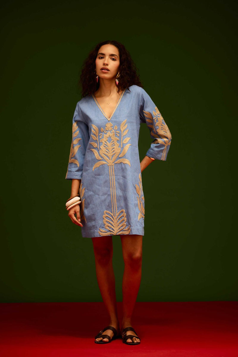 Denim Blue Cotton Shift Dress With Natural Tulip Thread Embroidery by Indian Summer Story in blue color for women Worldwide