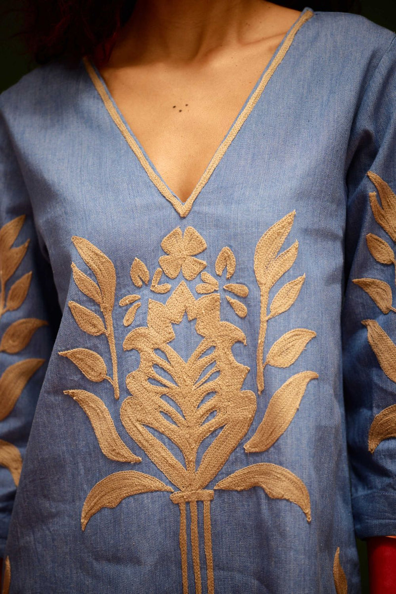 Denim Blue Cotton Shift Dress With Natural Tulip Thread Embroidery by Indian Summer Story in blue color for women Worldwide