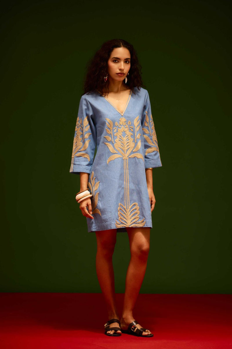 Denim Blue Cotton Shift Dress With Natural Tulip Thread Embroidery by Indian Summer Story in blue color for women Worldwide
