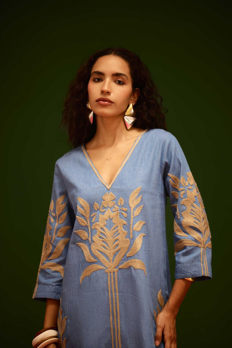 Denim Blue Cotton Shift Dress With Natural Tulip Thread Embroidery by Indian Summer Story in blue color for women Worldwide