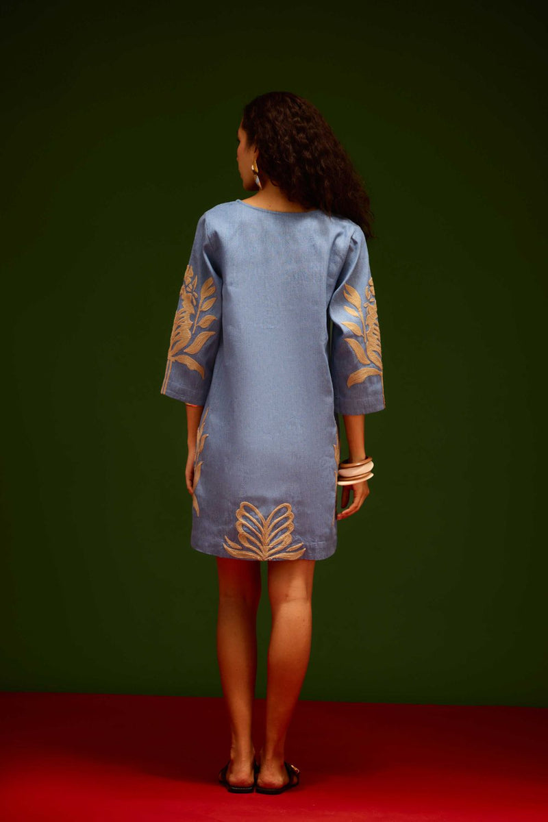 Denim Blue Cotton Shift Dress With Natural Tulip Thread Embroidery by Indian Summer Story in blue color for women Worldwide
