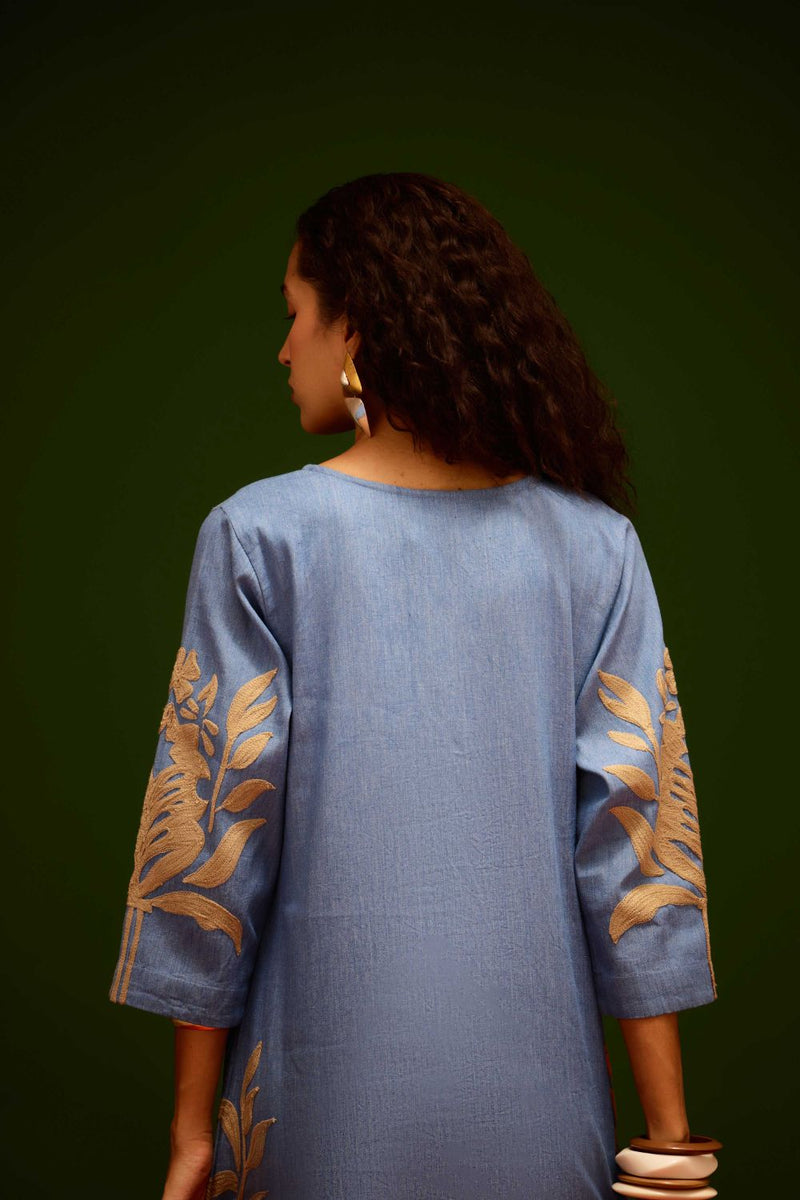 Denim Blue Cotton Shift Dress With Natural Tulip Thread Embroidery by Indian Summer Story in blue color for women Worldwide