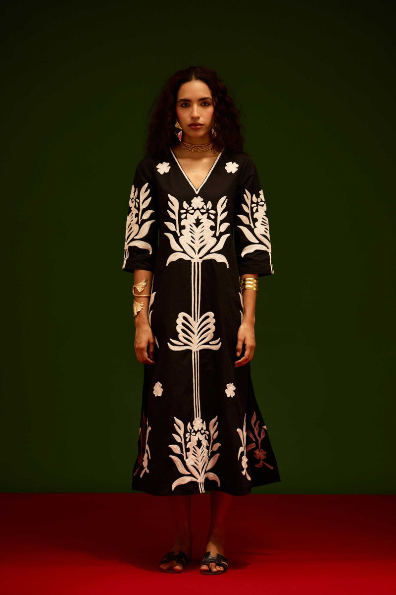 Black Cotton Maxi Dress With Ivory Tulip Thread Embroidery poplin by Indian Summer Story in black color for women Worldwide