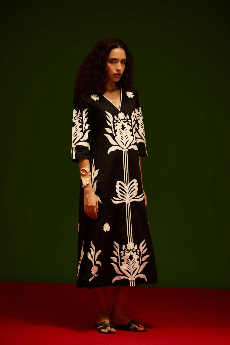 Black Cotton Maxi Dress With Ivory Tulip Thread Embroidery poplin by Indian Summer Story in black color for women Worldwide