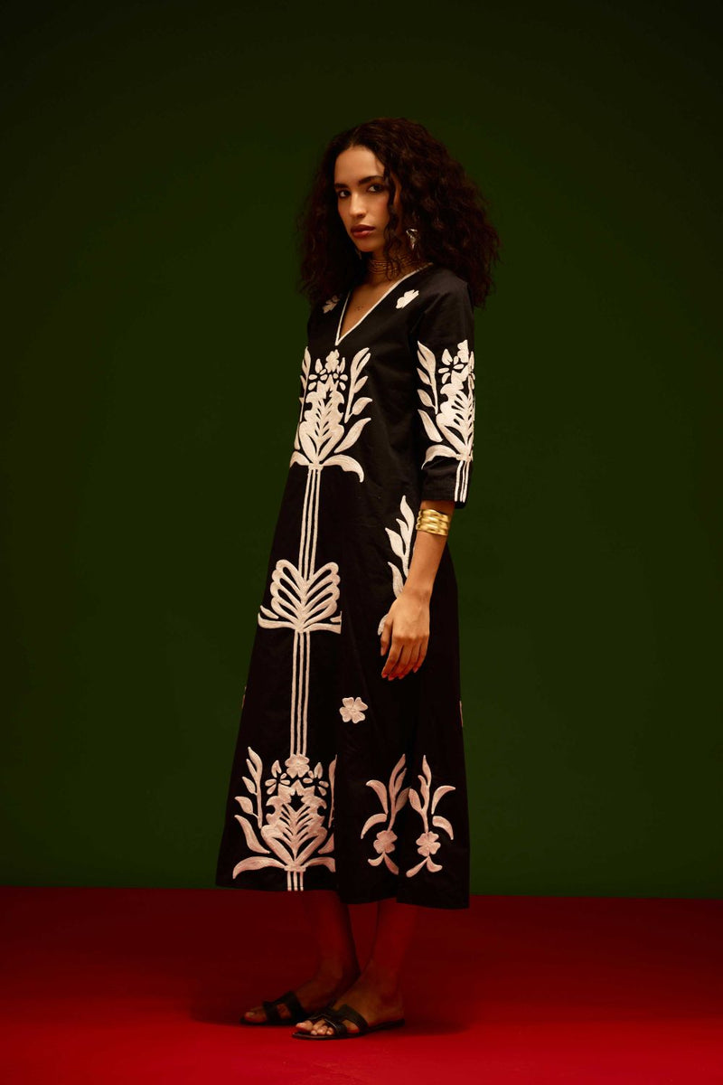 Black Cotton Maxi Dress With Ivory Tulip Thread Embroidery poplin by Indian Summer Story in black color for women Worldwide