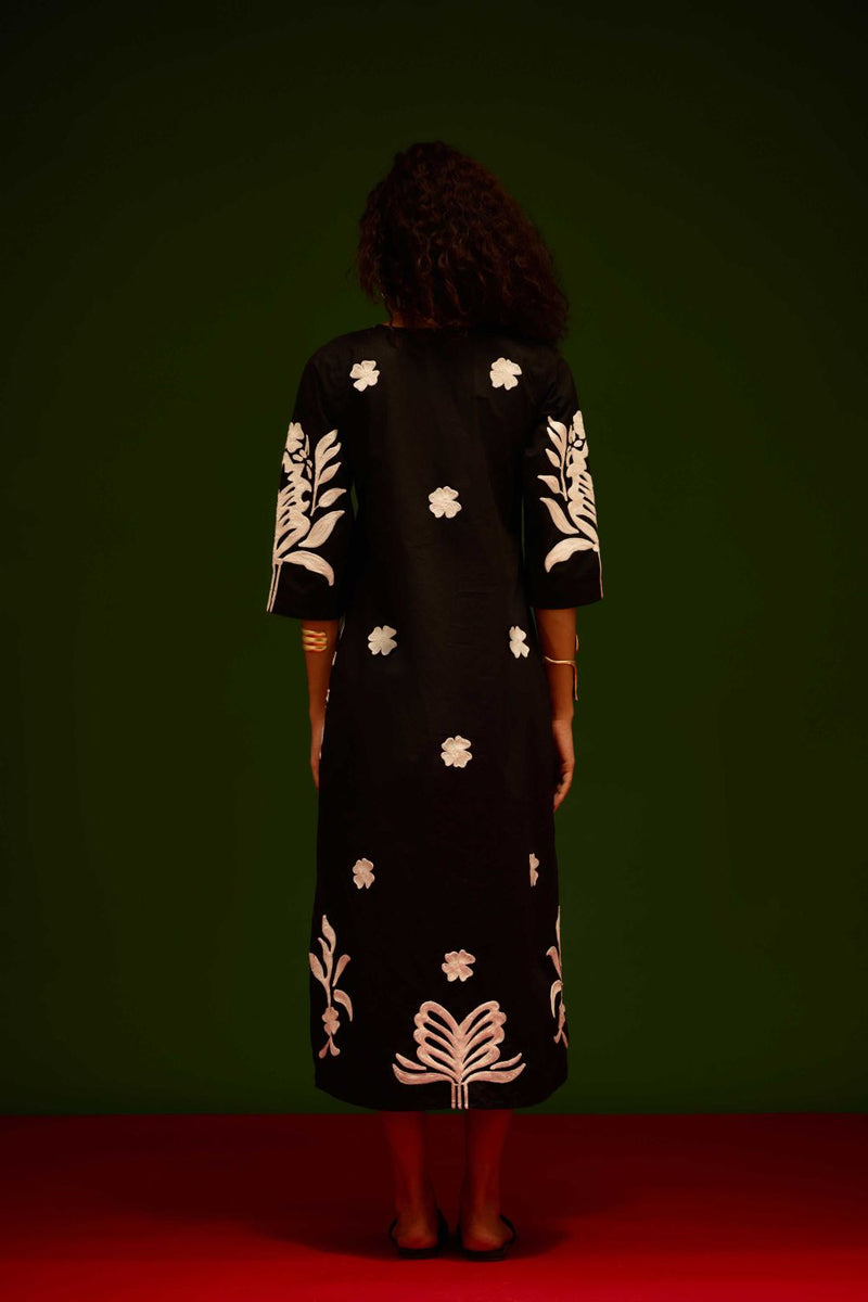 Black Cotton Maxi Dress With Ivory Tulip Thread Embroidery poplin by Indian Summer Story in black color for women Worldwide