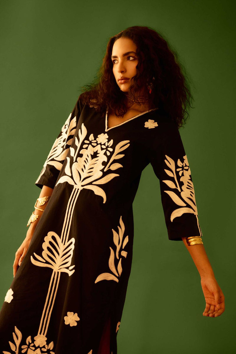 Black Cotton Maxi Dress With Ivory Tulip Thread Embroidery poplin by Indian Summer Story in black color for women Worldwide