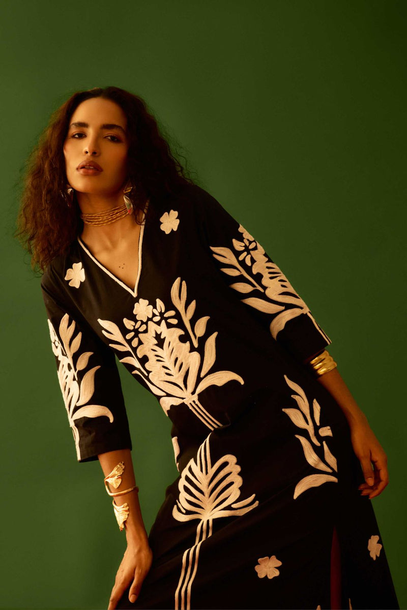 Black Cotton Maxi Dress With Ivory Tulip Thread Embroidery poplin by Indian Summer Story in black color for women Worldwide