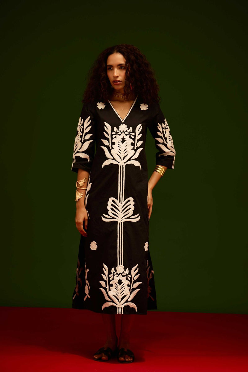 Black Cotton Maxi Dress With Ivory Tulip Thread Embroidery poplin by Indian Summer Story in black color for women Worldwide