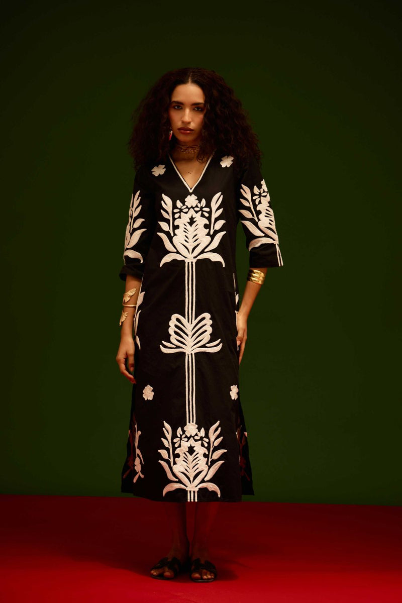 Black Cotton Maxi Dress With Ivory Tulip Thread Embroidery poplin by Indian Summer Story in black color for women Worldwide