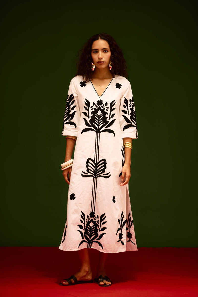 Ivory Cotton Maxi Dress With Black Tulip Thread Embroidery poplin by Indian Summer Story in ivory color for women Worldwide