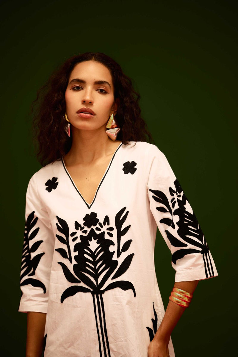 Ivory Cotton Maxi Dress With Black Tulip Thread Embroidery poplin by Indian Summer Story in ivory color for women Worldwide