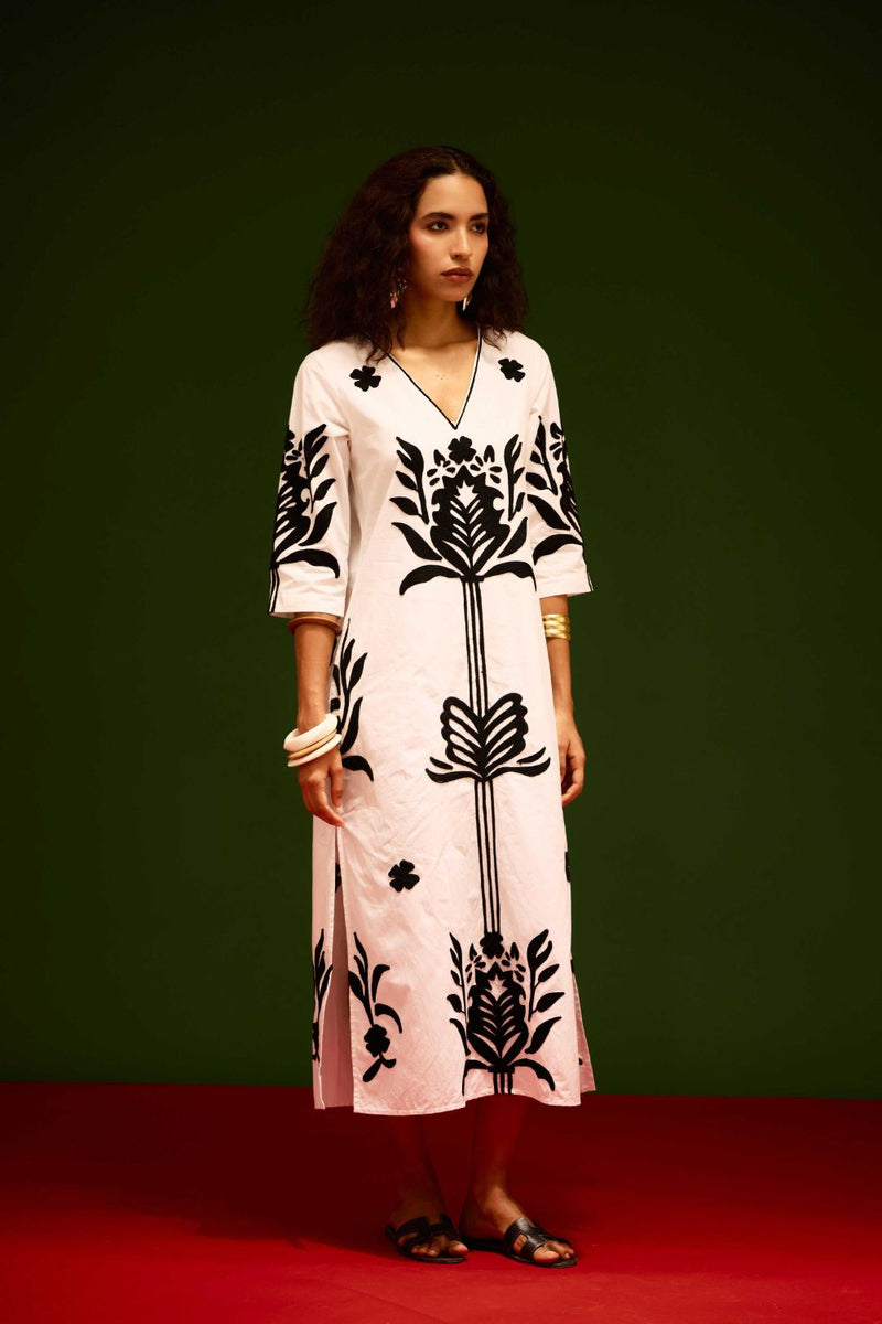 Ivory Cotton Maxi Dress With Black Tulip Thread Embroidery poplin by Indian Summer Story in ivory color for women Worldwide