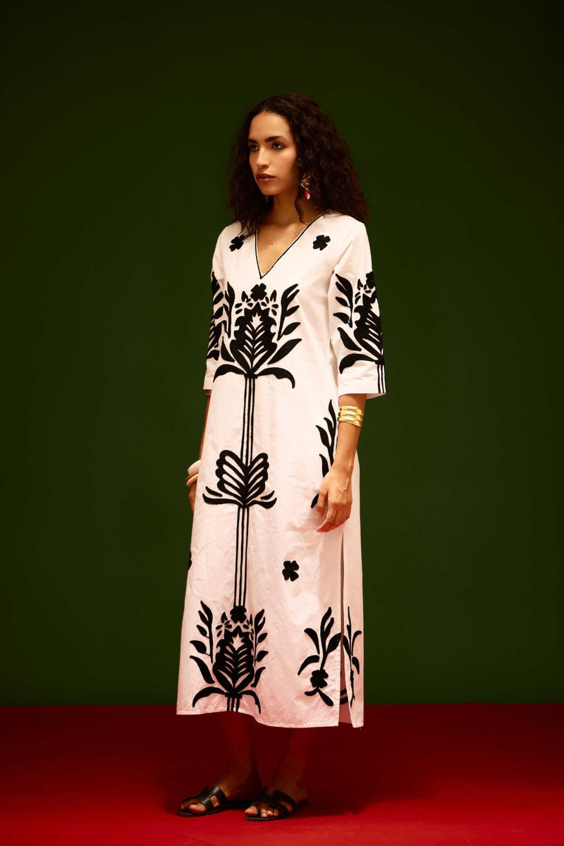 Ivory Cotton Maxi Dress With Black Tulip Thread Embroidery poplin by Indian Summer Story in ivory color for women Worldwide