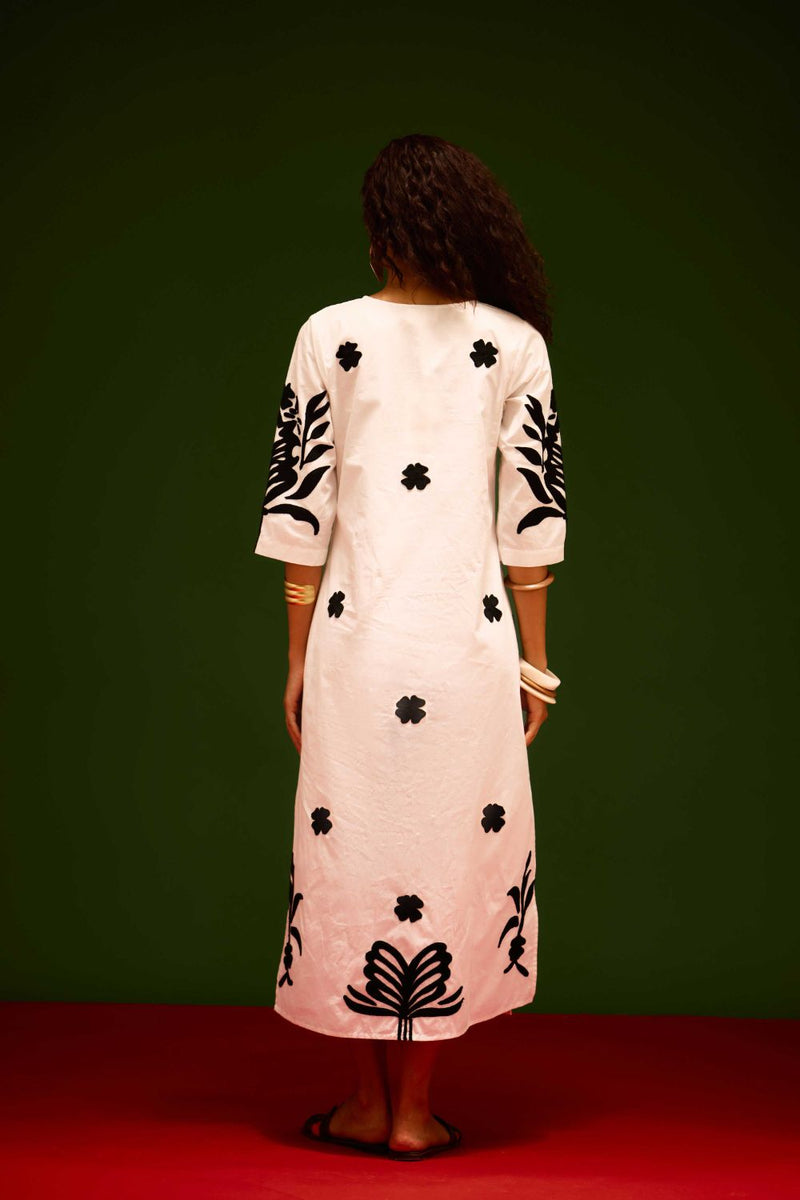 Ivory Cotton Maxi Dress With Black Tulip Thread Embroidery poplin by Indian Summer Story in ivory color for women Worldwide
