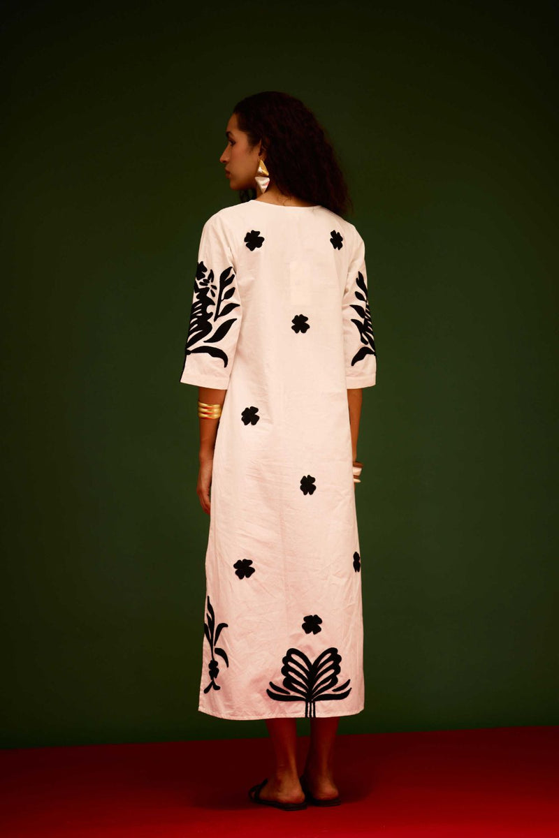 Ivory Cotton Maxi Dress With Black Tulip Thread Embroidery poplin by Indian Summer Story in ivory color for women Worldwide