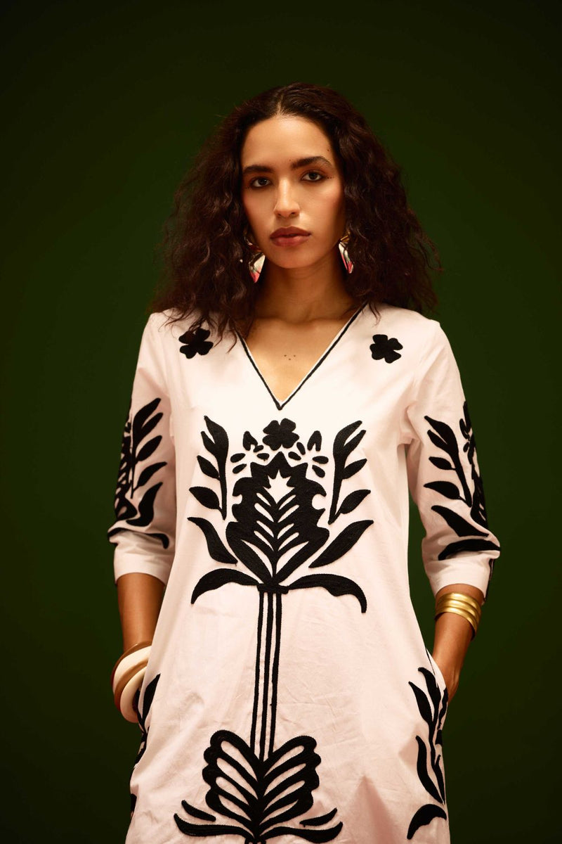 Ivory Cotton Maxi Dress With Black Tulip Thread Embroidery poplin by Indian Summer Story in ivory color for women Worldwide