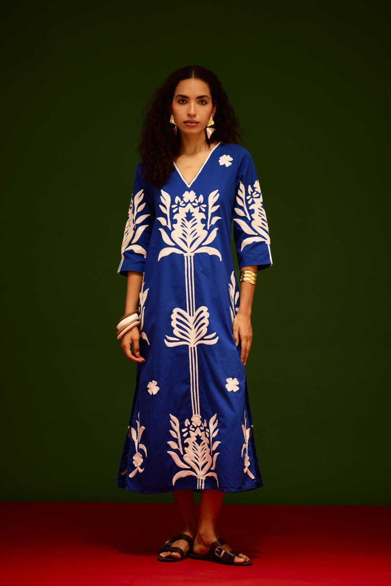 Blue Cotton Maxi Dress With Ivory Tulip Thread Embroidery poplin by Indian Summer Story in blue color for women Worldwide