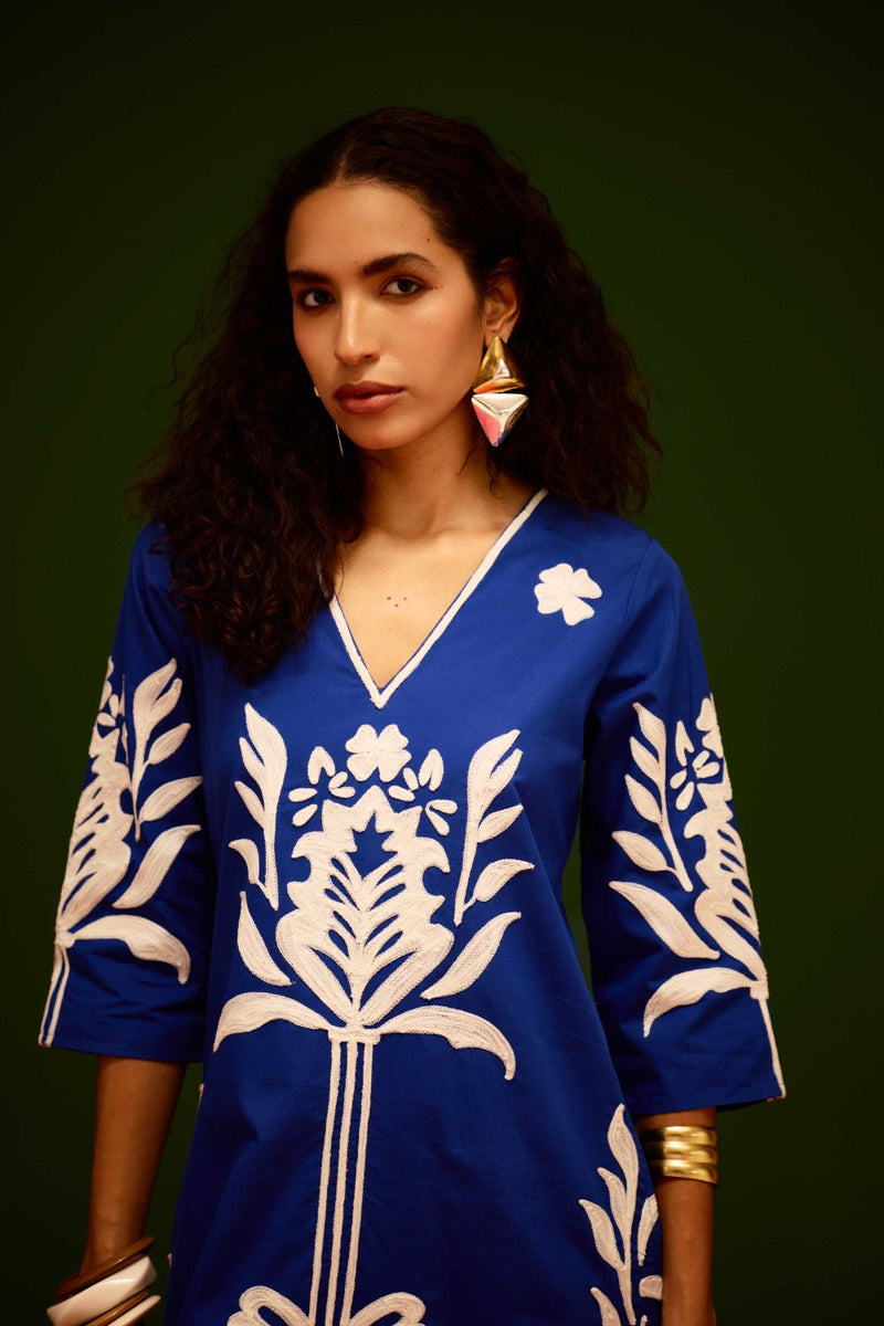 Blue Cotton Maxi Dress With Ivory Tulip Thread Embroidery poplin by Indian Summer Story in blue color for women Worldwide
