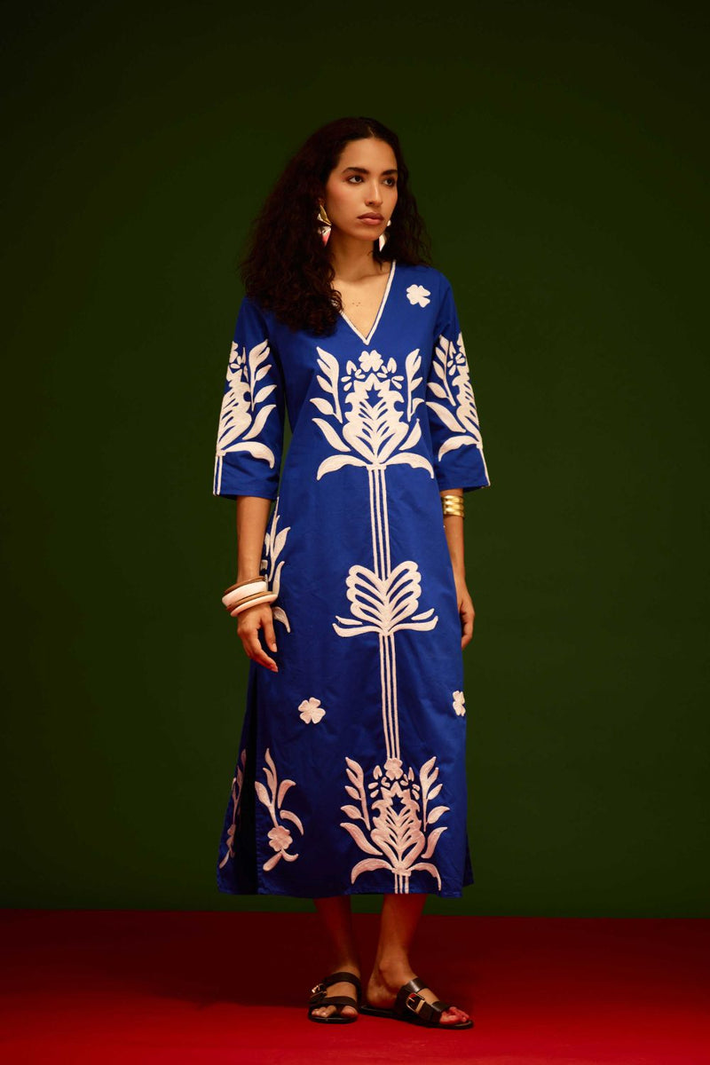 Blue Cotton Maxi Dress With Ivory Tulip Thread Embroidery poplin by Indian Summer Story in blue color for women Worldwide