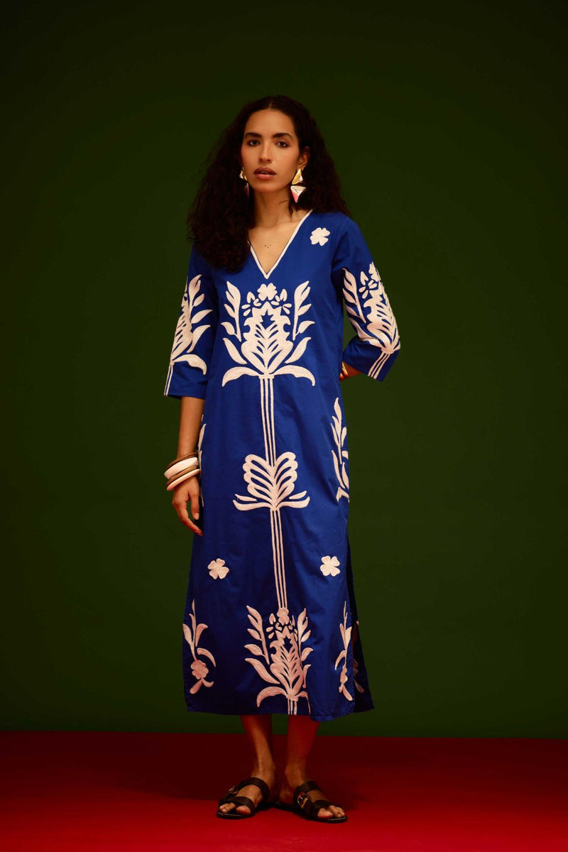 Blue Cotton Maxi Dress With Ivory Tulip Thread Embroidery poplin by Indian Summer Story in blue color for women Worldwide