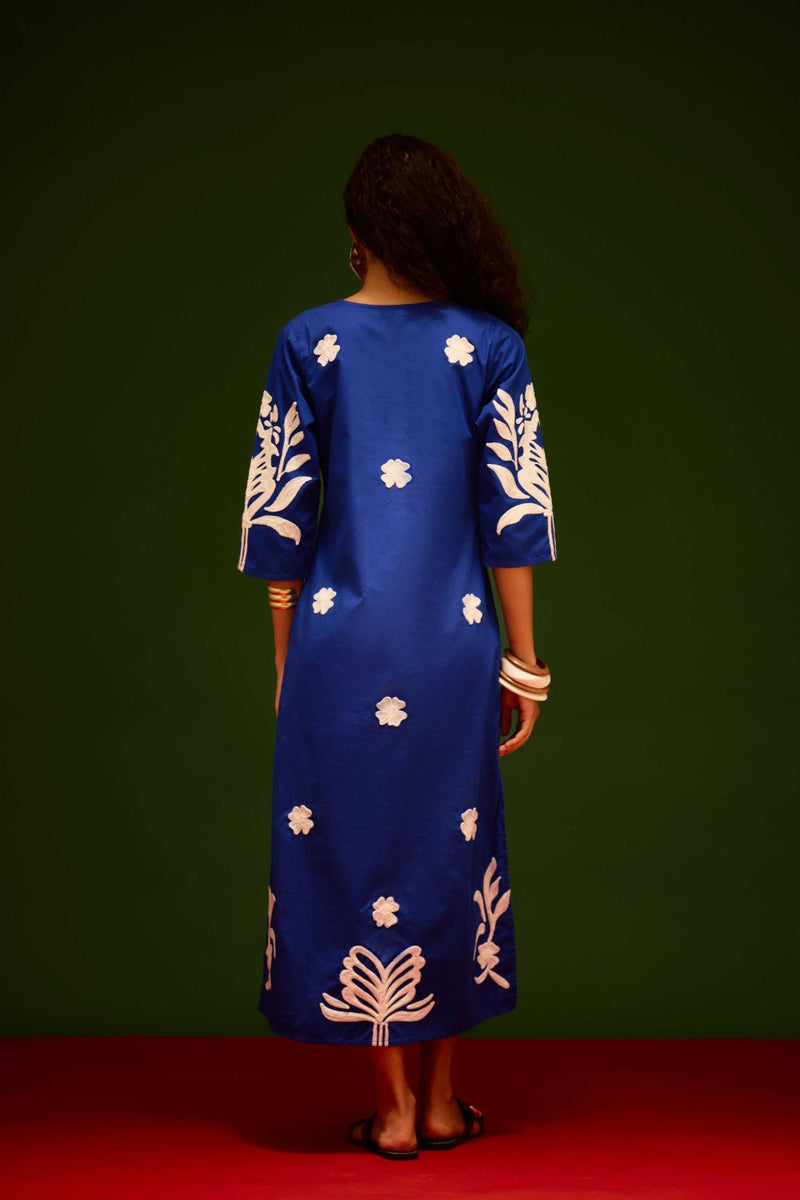 Blue Cotton Maxi Dress With Ivory Tulip Thread Embroidery poplin by Indian Summer Story in blue color for women Worldwide