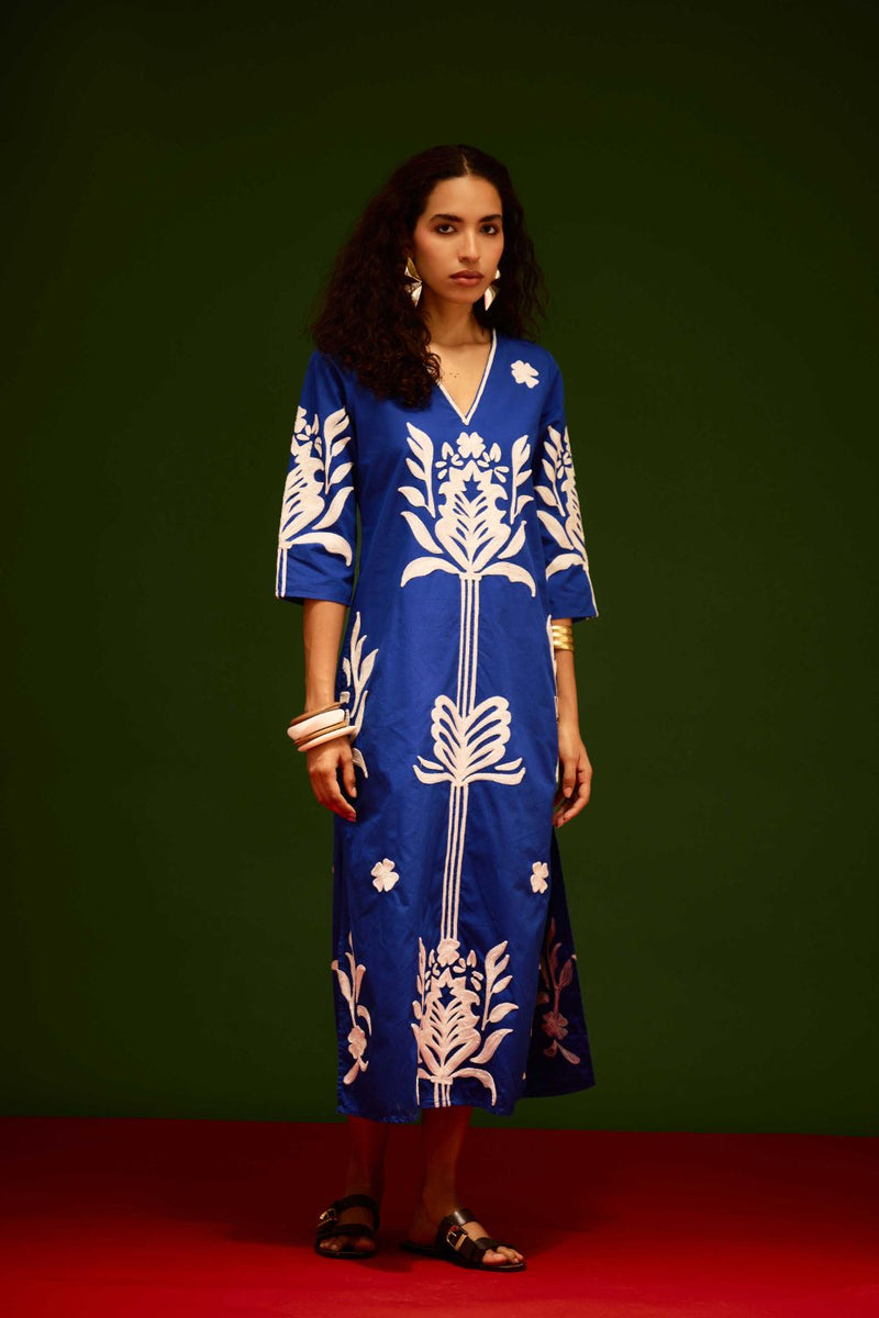 Blue Cotton Maxi Dress With Ivory Tulip Thread Embroidery poplin by Indian Summer Story in blue color for women Worldwide