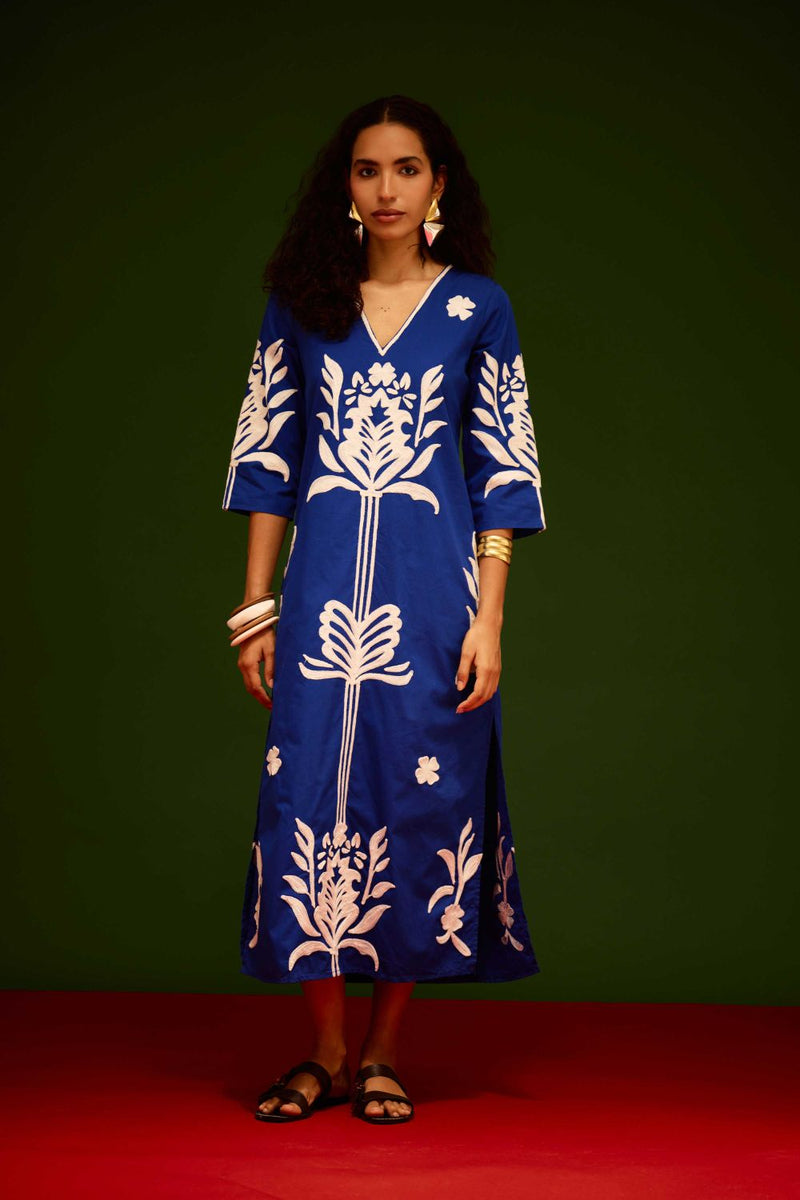 Blue Cotton Maxi Dress With Ivory Tulip Thread Embroidery poplin by Indian Summer Story in blue color for women Worldwide