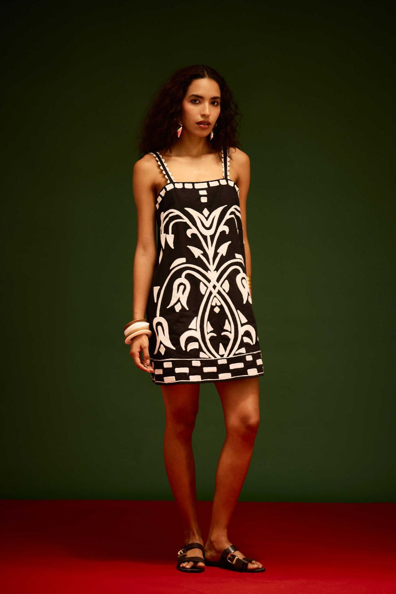 Black Strappy Cotton Shift Dress With Ivory Garden Thread Embroidery poplin by Indian Summer Story in black color for women Worldwide