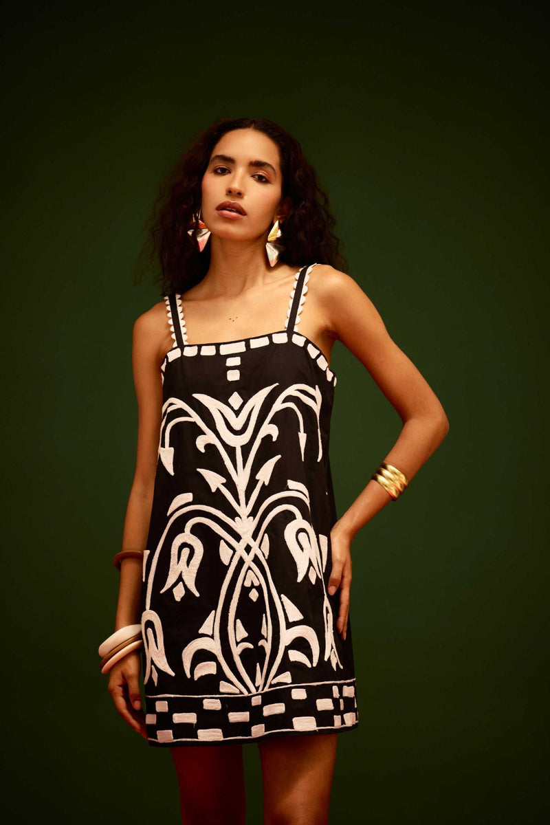 Black Strappy Cotton Shift Dress With Ivory Garden Thread Embroidery poplin by Indian Summer Story in black color for women Worldwide