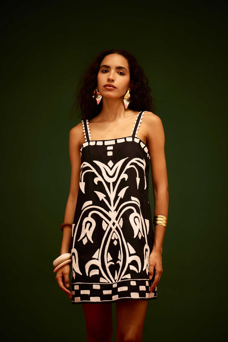 Black Strappy Cotton Shift Dress With Ivory Garden Thread Embroidery poplin by Indian Summer Story in black color for women Worldwide