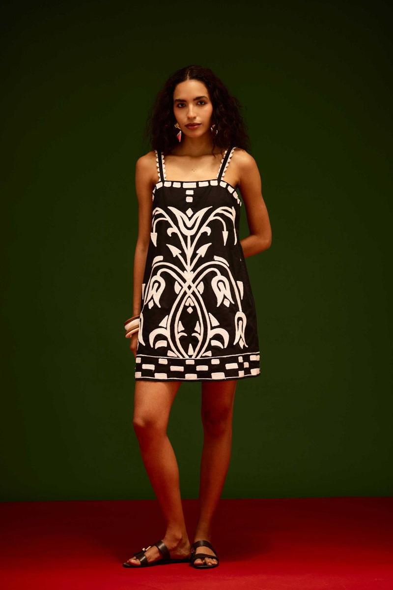 Black Strappy Cotton Shift Dress With Ivory Garden Thread Embroidery poplin by Indian Summer Story in black color for women Worldwide