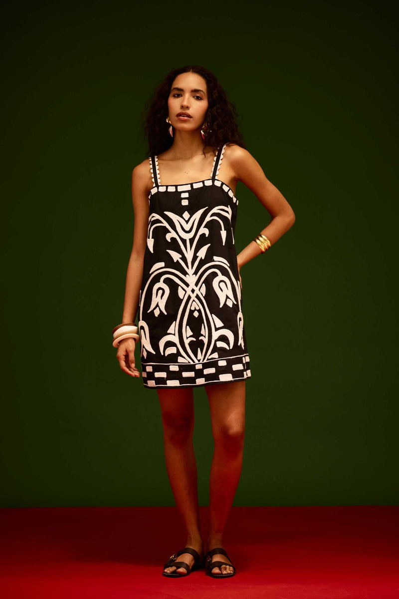 Black Strappy Cotton Shift Dress With Ivory Garden Thread Embroidery poplin by Indian Summer Story in black color for women Worldwide