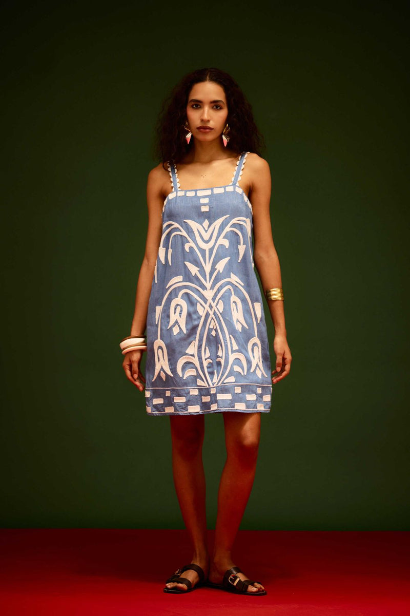 Denim Blue Strappy Cotton Shift Dress With Ivory Garden Thread Embroidery by Indian Summer Story in blue color for women Worldwide