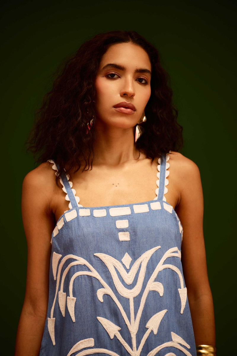 Denim Blue Strappy Cotton Shift Dress With Ivory Garden Thread Embroidery by Indian Summer Story in blue color for women Worldwide