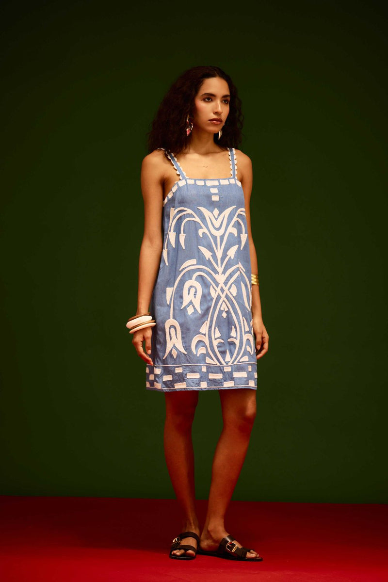 Denim Blue Strappy Cotton Shift Dress With Ivory Garden Thread Embroidery by Indian Summer Story in blue color for women Worldwide