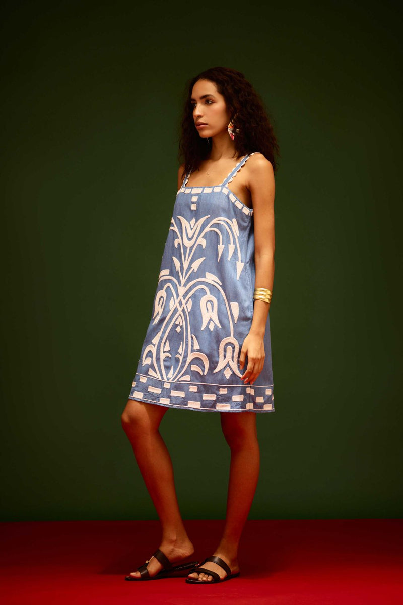Denim Blue Strappy Cotton Shift Dress With Ivory Garden Thread Embroidery by Indian Summer Story in blue color for women Worldwide