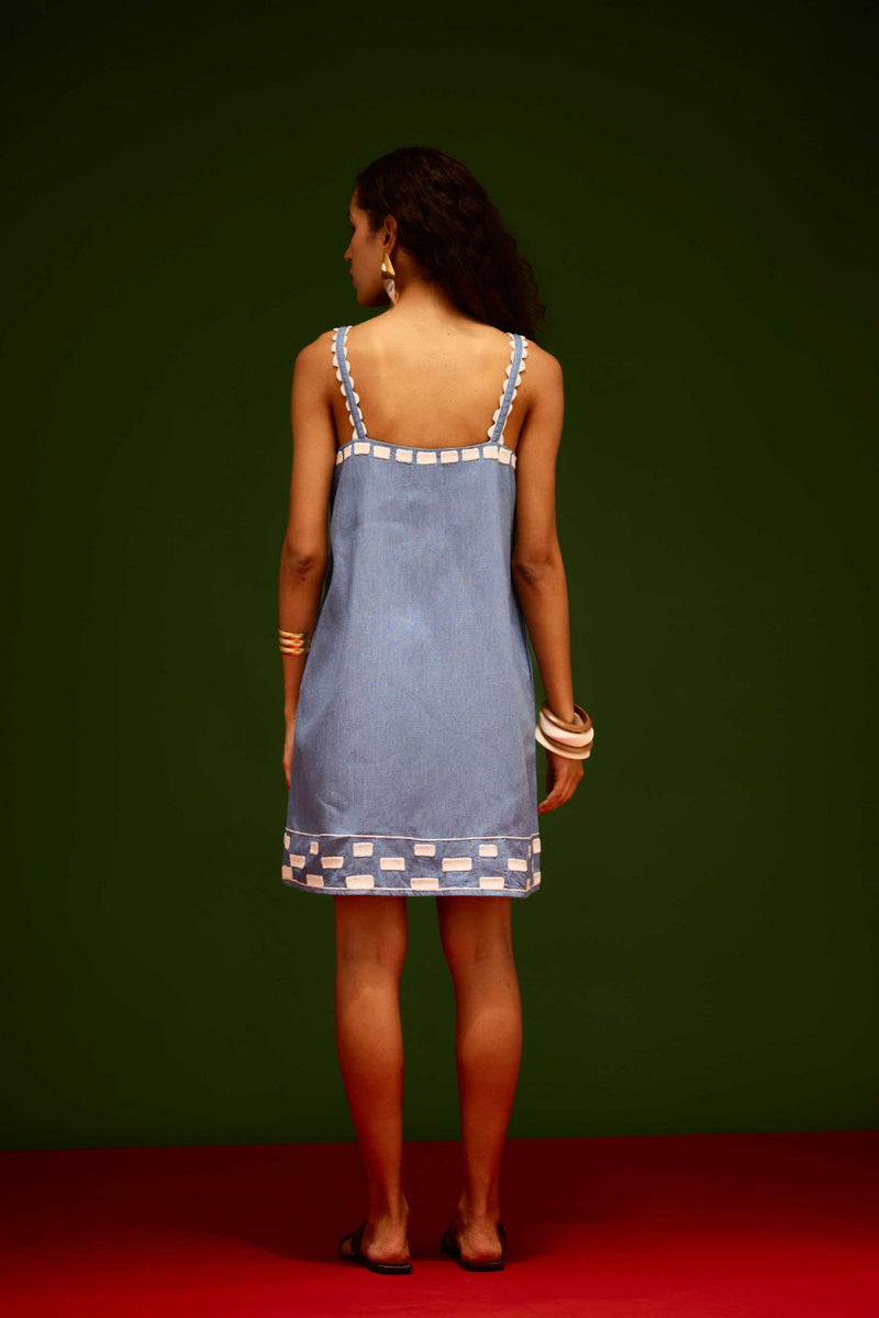Denim Blue Strappy Cotton Shift Dress With Ivory Garden Thread Embroidery by Indian Summer Story in blue color for women Worldwide