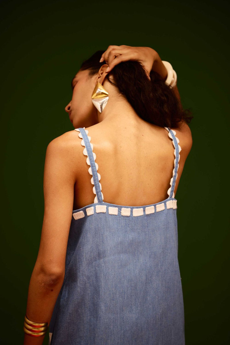 Denim Blue Strappy Cotton Shift Dress With Ivory Garden Thread Embroidery by Indian Summer Story in blue color for women Worldwide