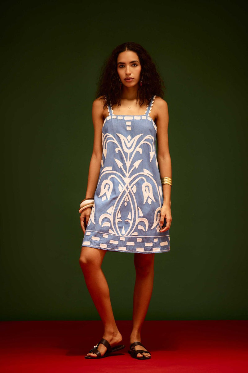 Denim Blue Strappy Cotton Shift Dress With Ivory Garden Thread Embroidery by Indian Summer Story in blue color for women Worldwide