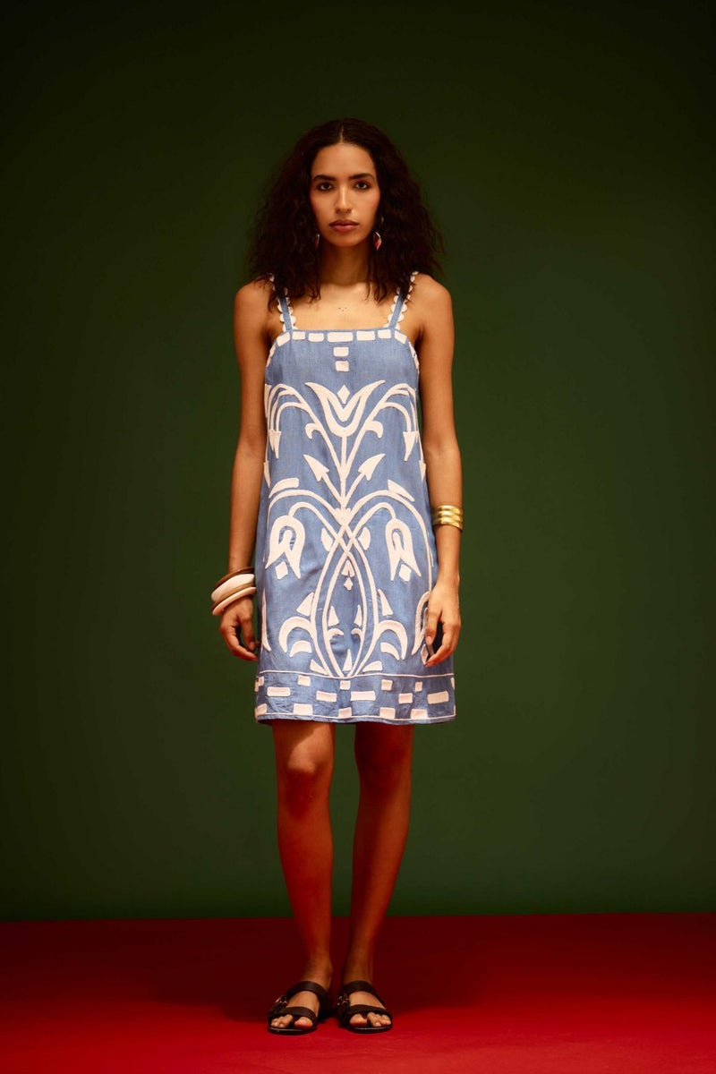 Denim Blue Strappy Cotton Shift Dress With Ivory Garden Thread Embroidery by Indian Summer Story in blue color for women Worldwide