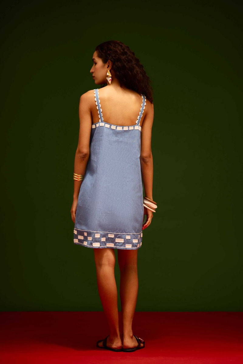 Denim Blue Strappy Cotton Shift Dress With Ivory Garden Thread Embroidery by Indian Summer Story in blue color for women Worldwide
