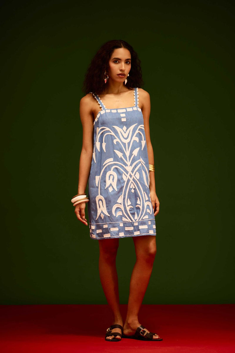 Denim Blue Strappy Cotton Shift Dress With Ivory Garden Thread Embroidery by Indian Summer Story in blue color for women Worldwide