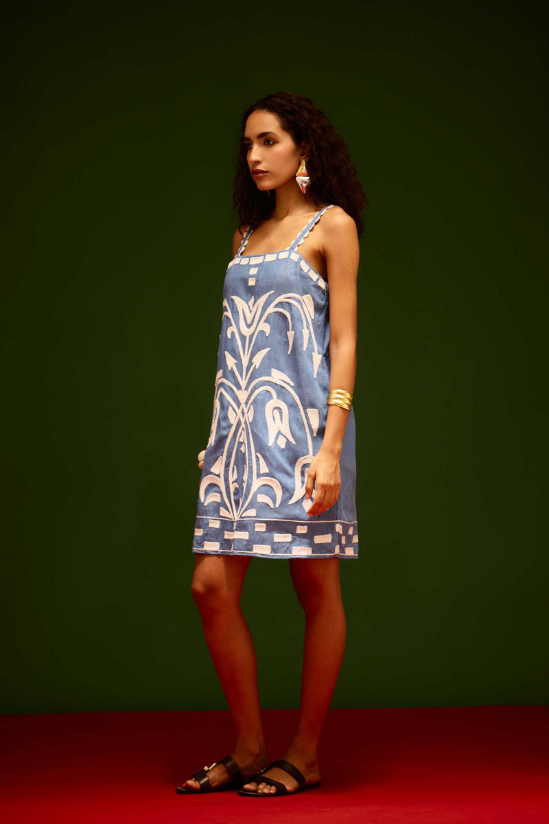 Denim Blue Strappy Cotton Shift Dress With Ivory Garden Thread Embroidery by Indian Summer Story in blue color for women Worldwide