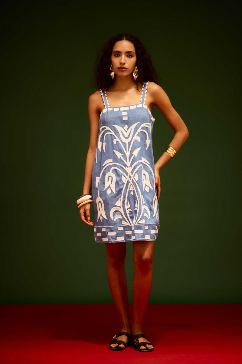 Denim Blue Strappy Cotton Shift Dress With Ivory Garden Thread Embroidery by Indian Summer Story in blue color for women Worldwide