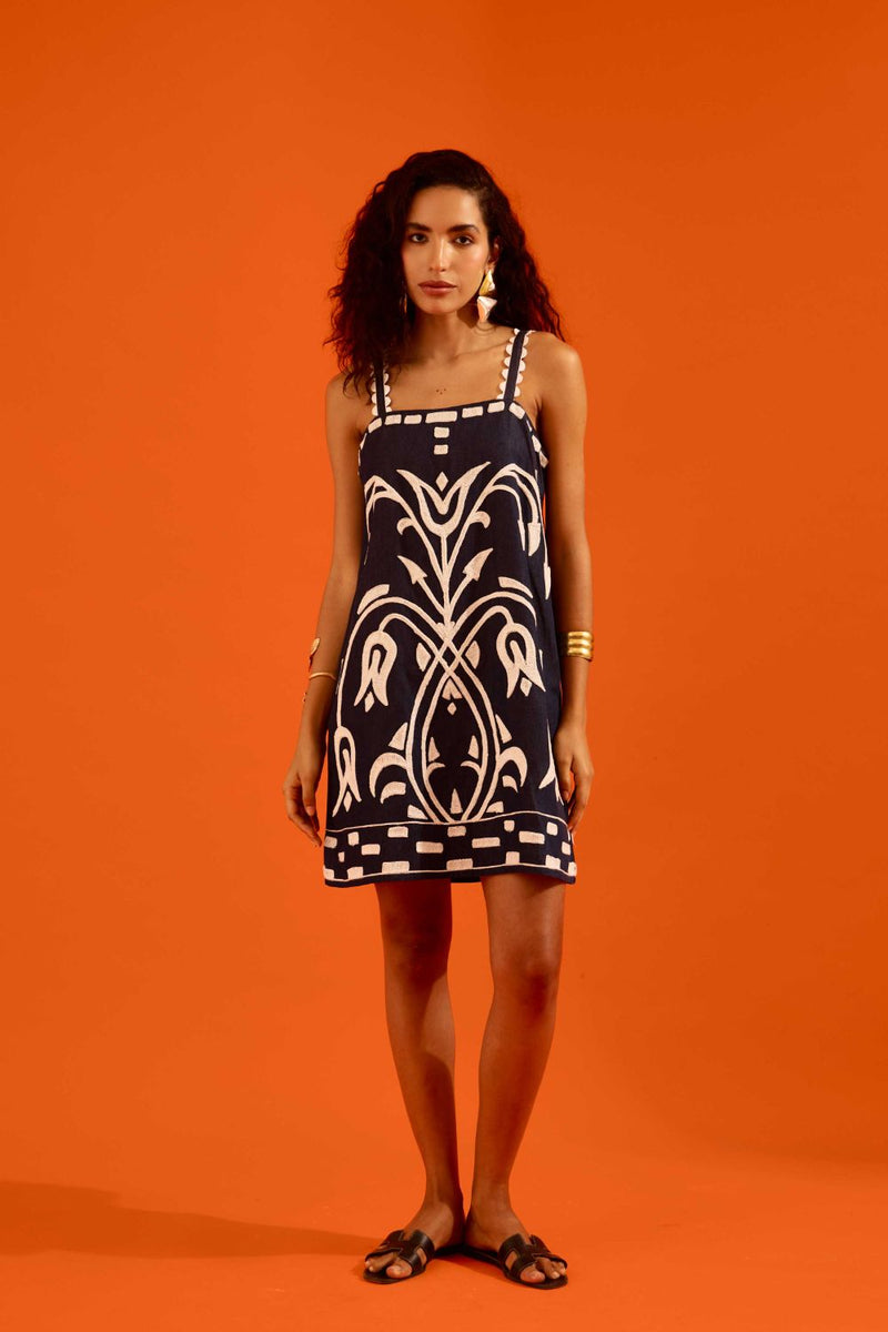 Midnight Blue Strappy Denim Shift Dress With Ivory Garden Thread Embroidery by Indian Summer Story in blue color for women Worldwide