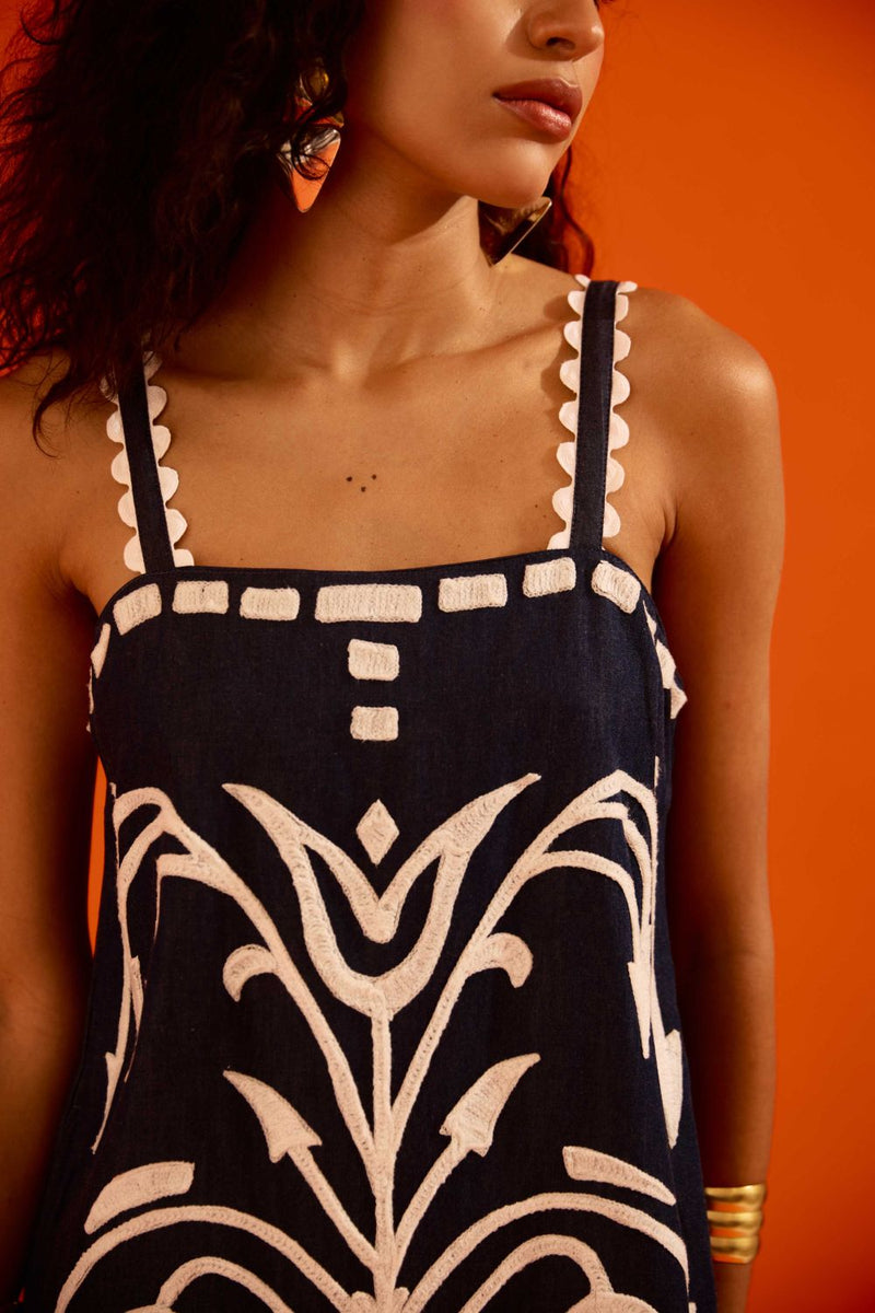 Midnight Blue Strappy Denim Shift Dress With Ivory Garden Thread Embroidery by Indian Summer Story in blue color for women Worldwide